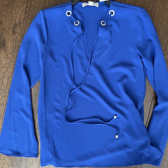 Michael Kors Elegant Blue Women's Embellished Rhinestone Grommet Tie Neck Top XL - Picture 1 of 7